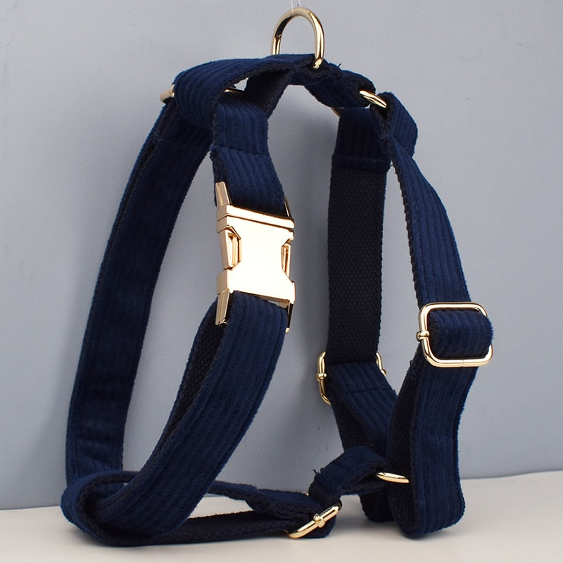 Luxury Corduroy Dog Collar & leash Set For Dogs navy blue