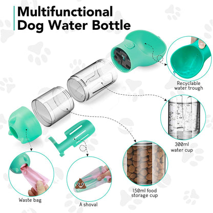 Portable Dog Water Bottle Food Feeder Drinker Poop Dispenser 3 In 1 Leak-proof Multifunctional Waterer Bottle