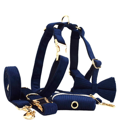 Luxury Corduroy Dog Collar & leash Set For Dogs navy blue