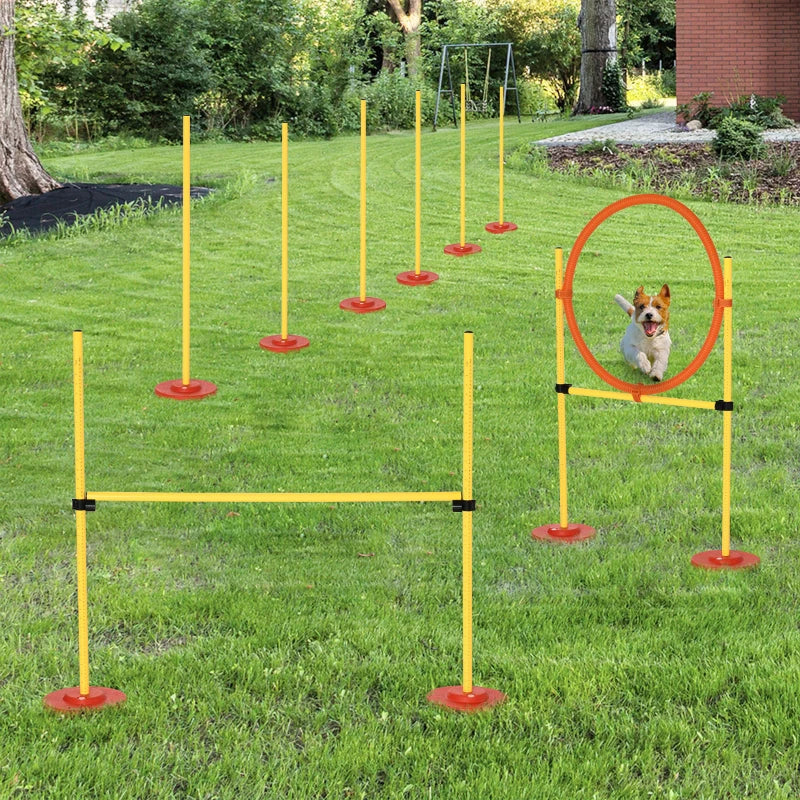 Pooch Squad Portable Pet Agility Training Obstacle Set for Dogs with Adjustable High Jumping Pole, Jumping Ring, Turnstile poles