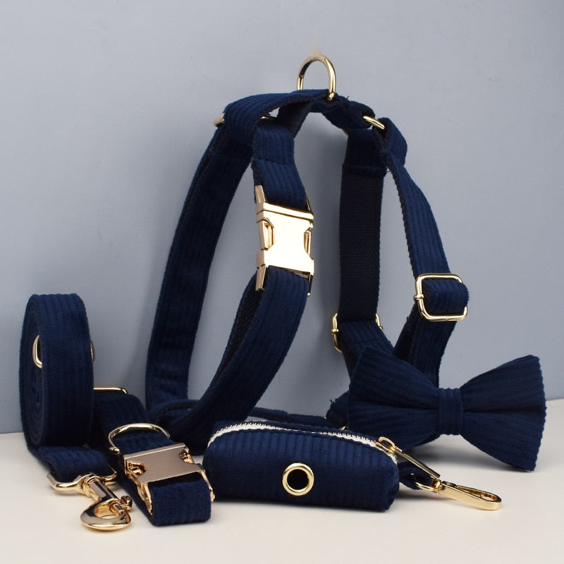 Luxury Corduroy Dog Collar & leash Set For Dogs navy blue